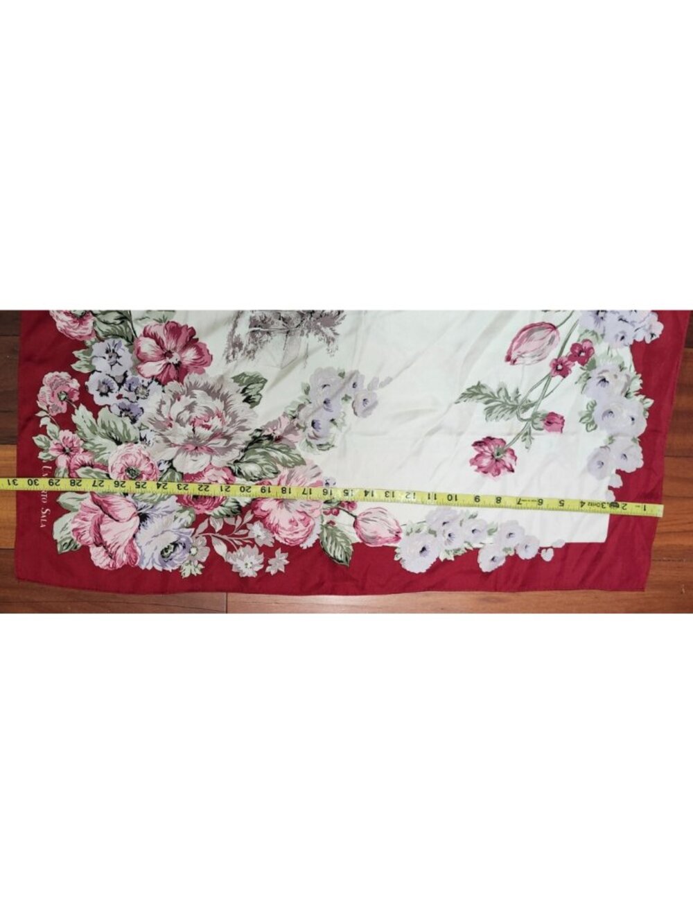 Umberto Sala Vintage Floral Silk Scarf Italy Burgundy Ivory Large Square 31"x30 - Picture 7 of 8